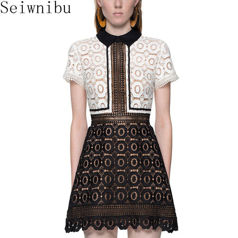 Seiwnibu New Fashion 2018 Self Portrait Party Dress Women Short Sleeve Hollow Out Color Black Patchwork Lace Mini Dress