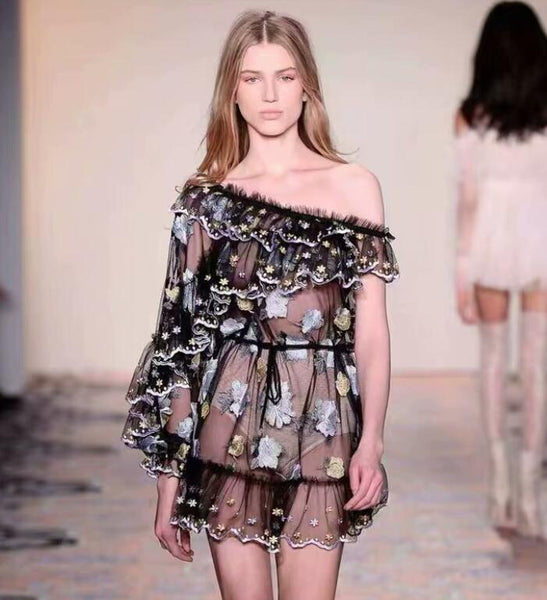 Runway Designer Mesh Holiday Summer Dress Sexy Women One Shoulder Ruffles Floral Embroidery Dress Lady Short Dress