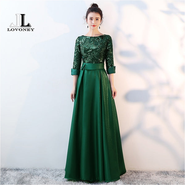 LOVONEY A Line Sequins Golden Evening Dress Long Prom Party Dresses Evening Gown Formal Dress Women Elegant Robe De Soiree M254