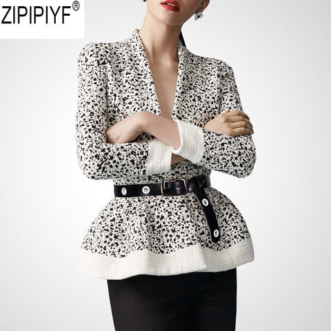 High Quality 2018 women's autumn and winter new streetwear fashion casual turn down collar print slim coat with sashes C2436