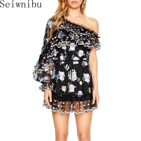 Runway Designer Mesh Holiday Summer Dress Sexy Women One Shoulder Ruffles Floral Embroidery Dress Lady Short Dress