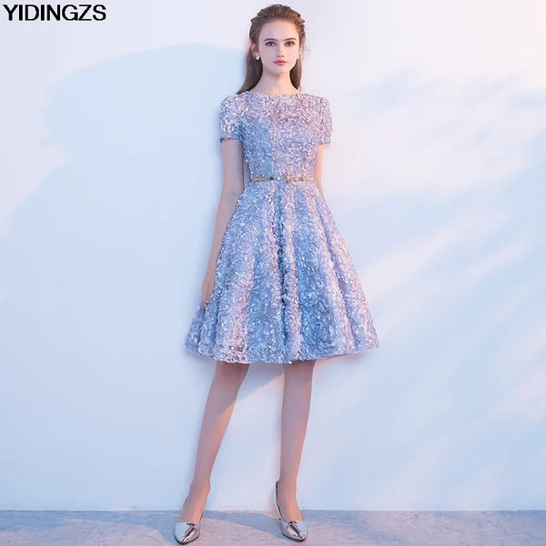 YIDINGZS Elegant Gray Lace Prom Dress Simple Short Party Formal Gown